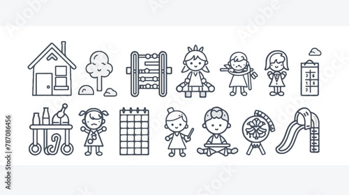 Kindergarten education icons thin line art set. Girl