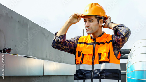 Portrait of caucasian engineer man in safety uniform working plumbing and electrical systems on the roof of a building, wearing yellow hard hat, Prepare to continue working after the break.