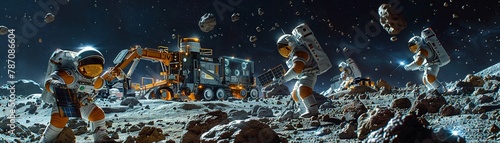 Asteroid belt excavation site, robots and astronauts working together, tools powered by solar energy, teamwork in space , stock photographic style