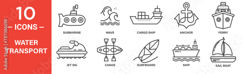 water transport related vector icon set includes submarine, wave, cargo ship, anchor, ferry, jet ski, canoe, surfboard, and more icons photo