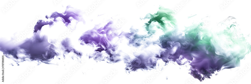 Purple and green color cloud formation on white background.