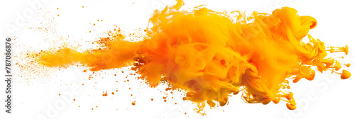 Yellow and orange paint explosion dispersing on white background.