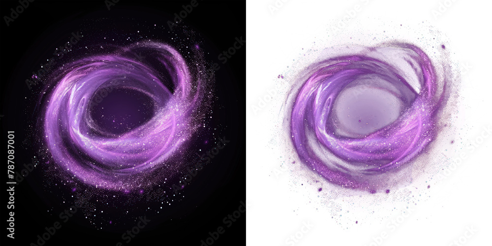 abstract purple particle effect, swirling particles visual effect layer overlay isolated black and transparent background