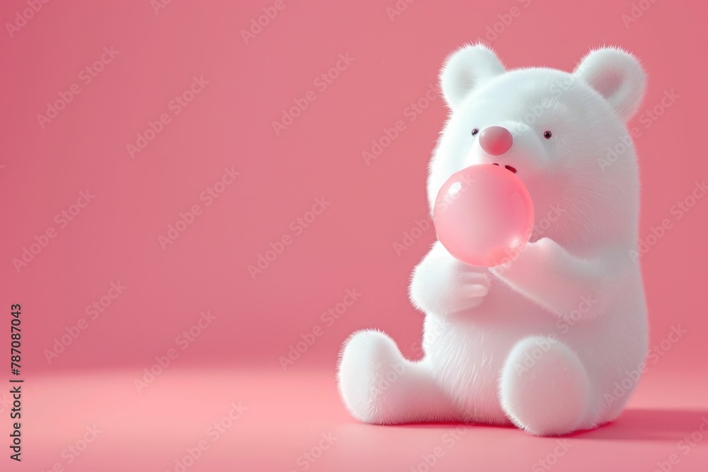 White Teddy Bear Holding a Pink Balloon on Pink Background, Cute and Playful Toy Concept with Copy Space White Teddy Bear Holding a Pink Balloon on Pink Background, Cute and Playful Toy Concept with Copy Space