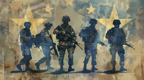 Modern soldiers equipped with weapons and military uniform, prepared for war, with a blue map background and yellow stars, symbolizing the European Union. Wallpaper for a European army in NATO © Domingo