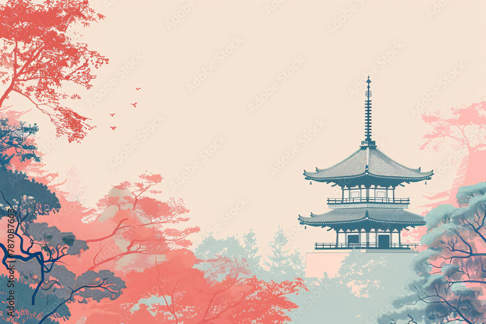 Pagoda among autumn trees in pastel colors Pagoda among autumn trees in pastel colors