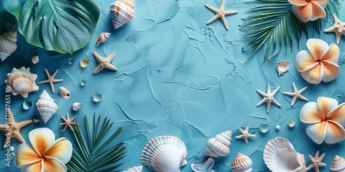 Summer vacation banner, hat, sea shells, palm leaves and tropical flowers around copy space, flat lay, top view