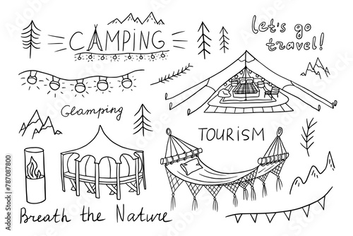 Set of cozy glamping elements in doodle style. Hammock, rattan chair, lamp. Tourism. Glamorous camping. Hand drawn. Great for decoration, print posters, banner, decoration
