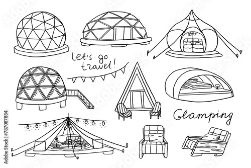 Large set of glamping elements in doodle style. Glamour camping. Capsule rooms in the mountains, wigwams, glass yurts, bubble rooms. Luxury Campsites. Travel design. Adventure. Resorts. Hand drawn