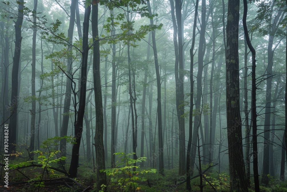 Fototapeta premium Misty mountain forest, ideal for active hiking adventures and outdoor exploration.
