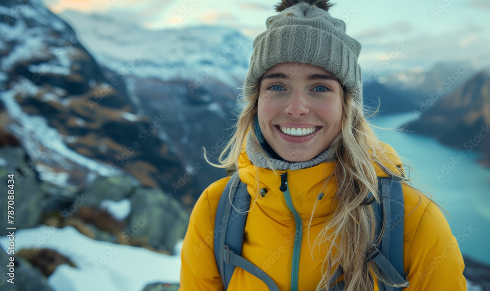 Portrait of a happy young blonde woman smiling with joy against the background of fjords high in the mountains of Norway