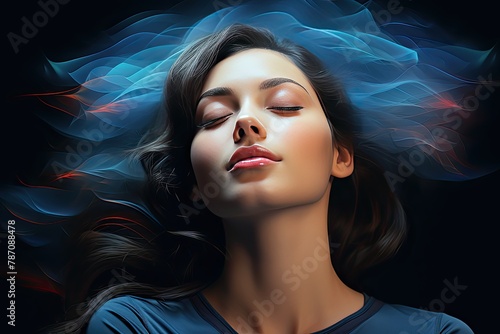 A woman with closed eyes engages in gentle eye exercises, depicted with blurred effect and soft contours. Perfect for relaxation and wellness concepts, Generative AI. photo