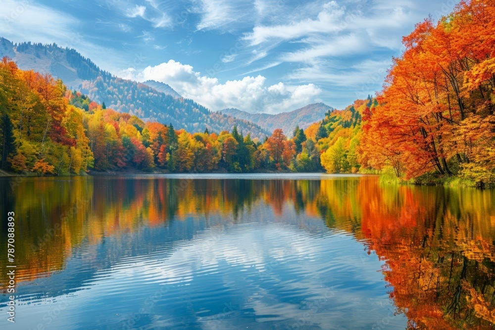 A serene autumn landscape with a crystal-clear lake reflecting vibrant, colorful foliage of surrounding trees, under a cloudy sky with majestic mountains in the backdrop. A serene autumn landscape with a crystal-clear lake reflecting vibrant, colorful foliage of surrounding trees, under a cloudy sky with majestic mountains in the backdrop.