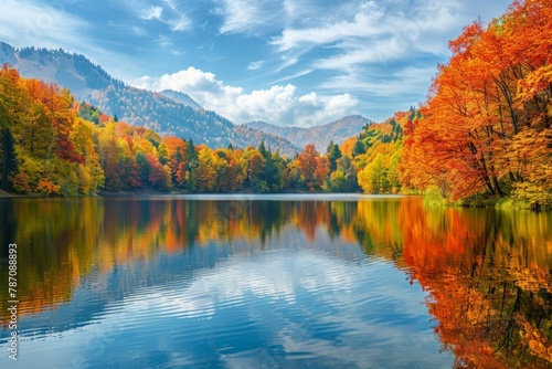 A serene autumn landscape with a crystal-clear lake reflecting vibrant  colorful foliage of surrounding trees  under a cloudy sky with majestic mountains in the backdrop.