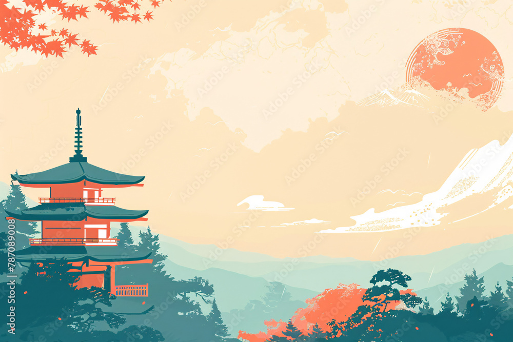 Pagoda with red sun and cherry trees in a vintage style Pagoda with red sun and cherry trees in a vintage style