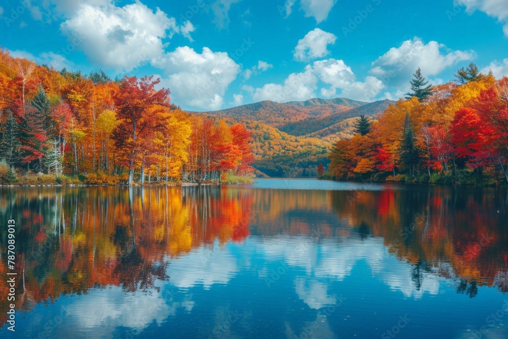 A serene autumn landscape with a crystal-clear lake reflecting vibrant, colorful foliage of surrounding trees, under a cloudy sky with majestic mountains in the backdrop. A serene autumn landscape with a crystal-clear lake reflecting vibrant, colorful foliage of surrounding trees, under a cloudy sky with majestic mountains in the backdrop.