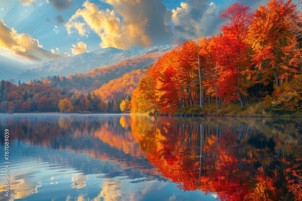 Naklejka premium A serene autumn landscape with a crystal-clear lake reflecting vibrant, colorful foliage of surrounding trees, under a cloudy sky with majestic mountains in the backdrop.