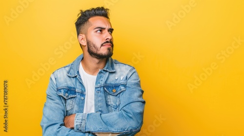 Hispanic man with facial hair wearing a casual jean jacket gazing thoughtfully to the side with a yellow backdrop photo