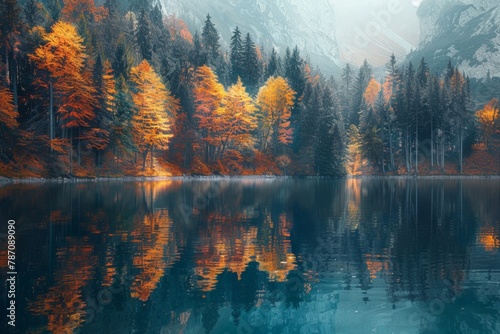 A serene autumn scene with golden and orange trees reflecting in a calm lake, surrounded by misty mountains.