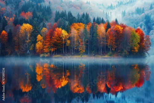 Serene autumn landscape with a tranquil lake reflecting vibrant  colorful foliage of surrounding trees  mist rising from water   s surface.