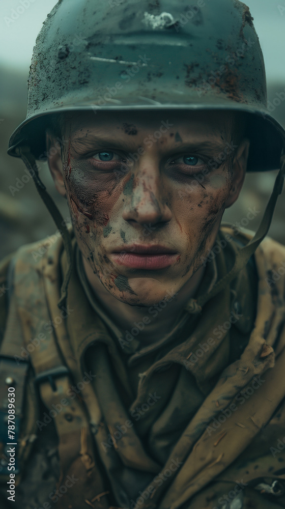 Close-up portrait of a young soldier with blue eyes and a dirty, damaged face, wearing a helmet and torn military uniform. Expression of despair, sadness, trauma and dejection in a world war.