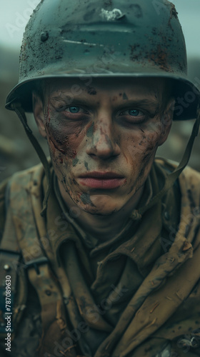 Close-up portrait of a young soldier with blue eyes and a dirty, damaged face, wearing a helmet and torn military uniform. Expression of despair, sadness, trauma and dejection in a world war. photo