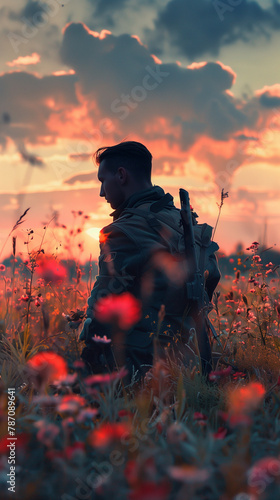 Beautiful scenery in nature in a field of poppies  with the silhouette of a melancholic soldier after the war  contemplating peace. In the background  the pink light of sunset with clouds in the sky