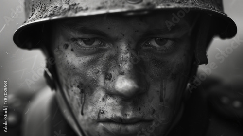Close-up portrait of a soldier in World War II, with a dirty and damaged face, and an intense dramatic gaze looking at the camera. Historic black and white wartime photography. photo