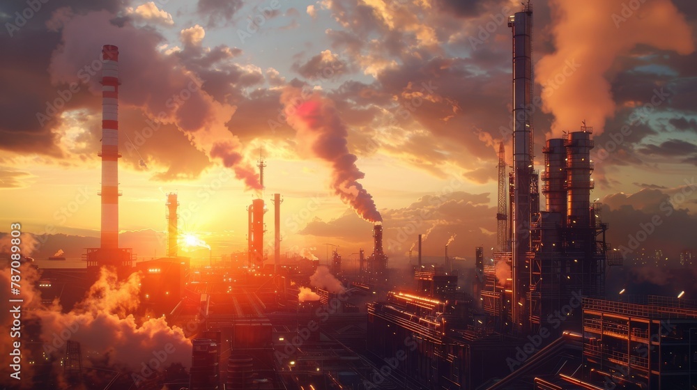 Oil refinery glows in the evening Oil refinery glows in the evening