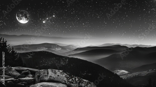 Mountain with lighting moon and stars, black and white photo