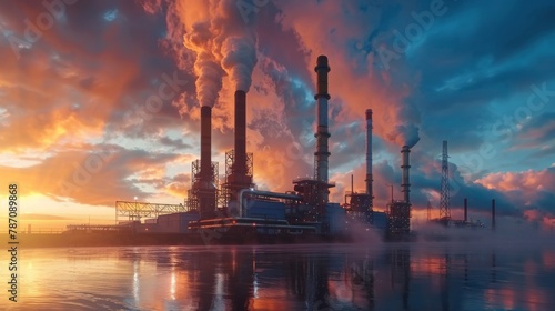 Oil refinery glows in the evening