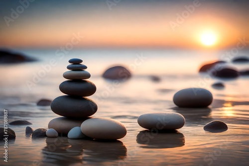 A Soft morning light illuminating a stack of Zen stones