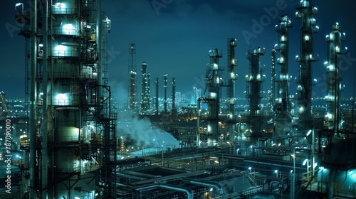 Oil refinery glows in the evening