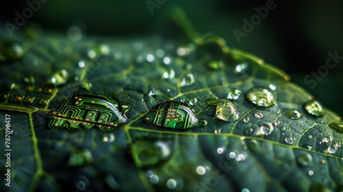 Technology meets nature: circuitry patterns on leaf with dewdrops photo
