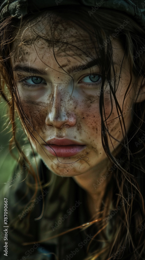Close-up portrait of a beautiful young Caucasian woman with blue eyes, disheveled hair, and a dirty face due to a humanitarian disaster like a war or an earthquake. The face of a refugee Close-up portrait of a beautiful young Caucasian woman with blue eyes, disheveled hair, and a dirty face due to a humanitarian disaster like a war or an earthquake. The face of a refugee