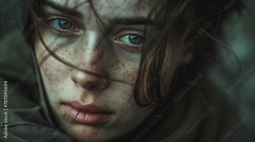 Close-up of a young woman's face, sad, dirty, disheveled, and weary, with teary eyes and sores on her lips, due to the horrors of war. Caucasian girl with blue eyes, a refugee Close-up of a young woman's face, sad, dirty, disheveled, and weary, with teary eyes and sores on her lips, due to the horrors of war. Caucasian girl with blue eyes, a refugee