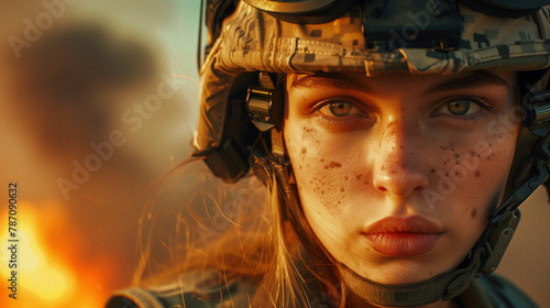 Young beautiful woman wearing a modern military helmet and uniform, in an epic war setting with golden sunset light. Expression of courage and strength, to enlist in the army as a female soldier