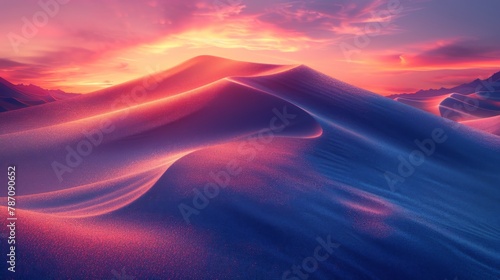 Vibrant sunset hues illuminate smooth desert dunes, creating a surreal landscape panorama