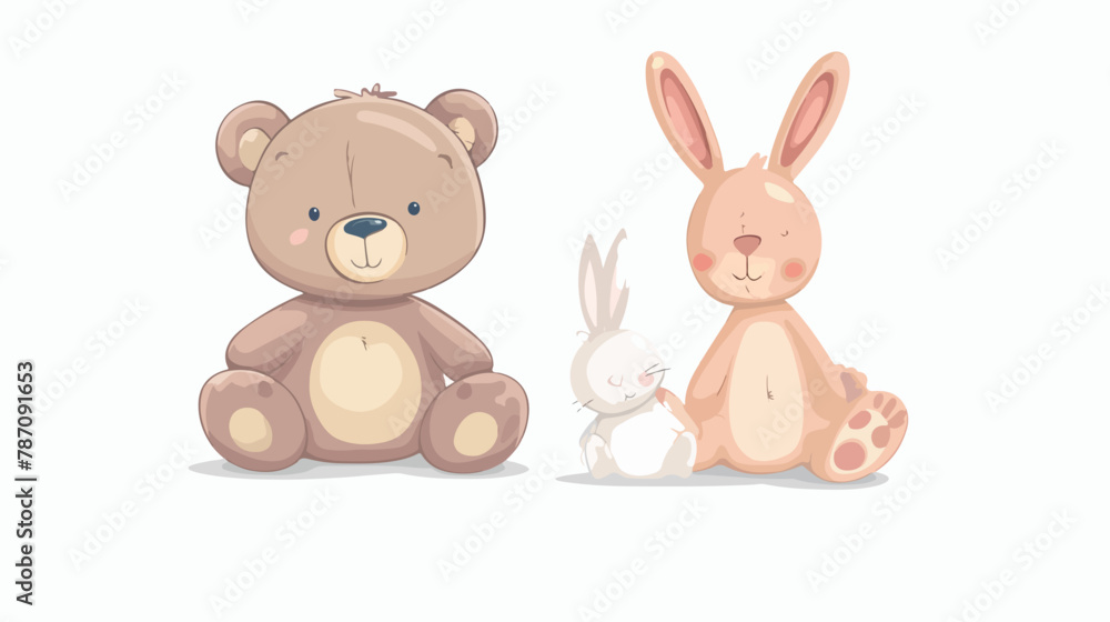 Little teddy bear and rabbit cartoon character on white