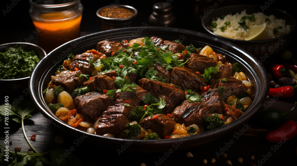 Stewed meat with vegetables and parsley close-up view Stewed meat with vegetables and parsley close-up view