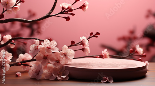 Wooden podium for presentation surrounded by cherry blossom branches