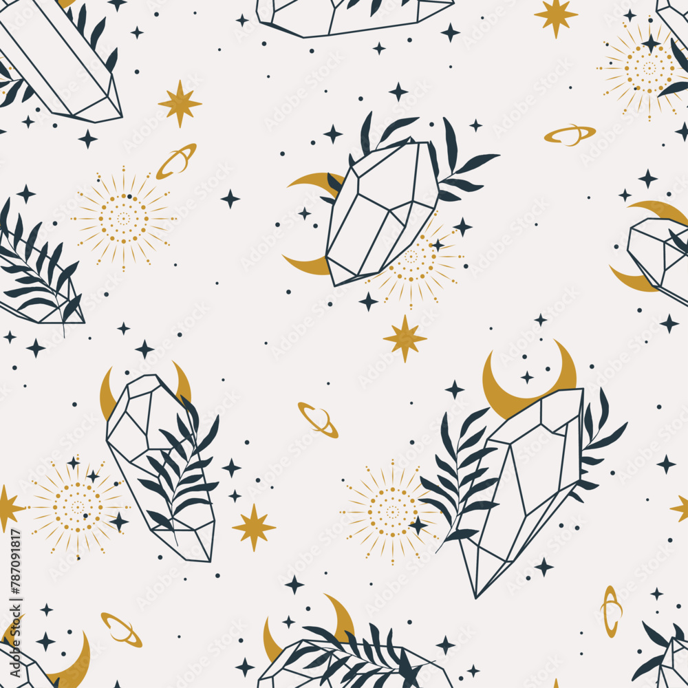 Vector magic seamless pattern with crystals, moon, plants and stars. Mystical esoteric background for design of fabric, packaging, astrology, phone case, wrapping paper. White color. Vector magic seamless pattern with crystals, moon, plants and stars. Mystical esoteric background for design of fabric, packaging, astrology, phone case, wrapping paper. White color.