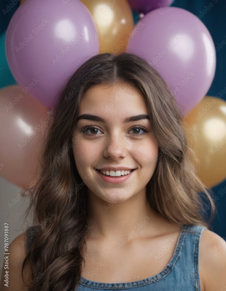 A woman with long brown hair is smiling and wearing a blue tank top. She is surrounded by a bunch of balloons, which are purple and gold. The balloons are arranged in a way that they cover her head A woman with long brown hair is smiling and wearing a blue tank top. She is surrounded by a bunch of balloons, which are purple and gold. The balloons are arranged in a way that they cover her head