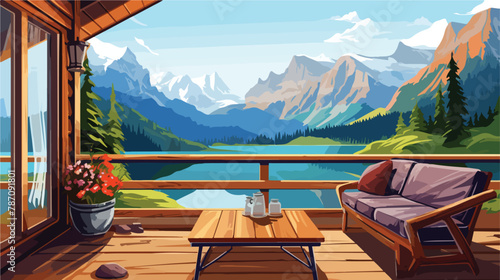 Living room interior and cabin terrace with mountain