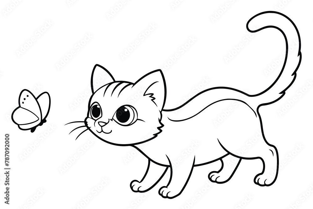 cute kitten with big eyes, attempting to chase after a passing butterfly line art, vector illustration cute kitten with big eyes, attempting to chase after a passing butterfly line art, vector illustration