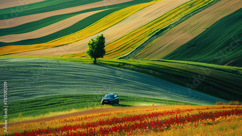 Person in car traveling by colorful field