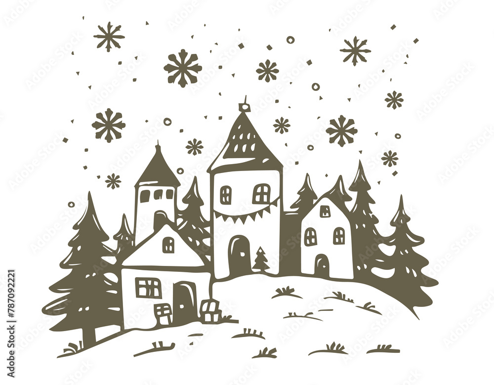 Christmas home, Sketch, Pictogram Art, Black on white image