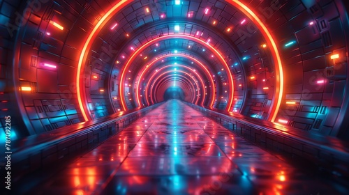 Futuristic sci-fi tunnel with neon lights