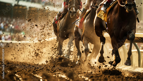 Primer plano de parte de unos caballos durante una carrera  en el derby de Kentucky, levantando tierra y montados por jockeys, sobre fondo desenfocado de la grada del hipódromo llena de público photo