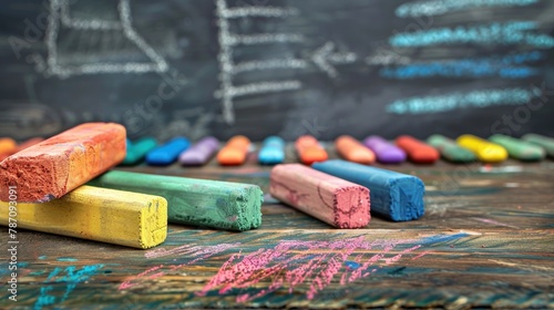 Blackboard with colored chalks and eraser photo